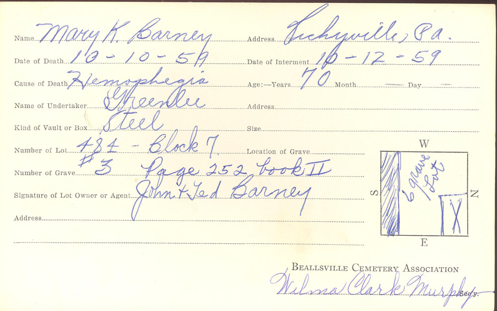 Mary K. Barney burial card